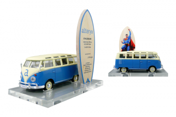 Clear Lucite base recessed for a diecast van and wooden surfboard. Logo on decal on van. Artwork printed on front & back of the surfboard.