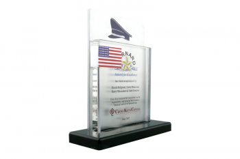 Clear lucite panel with a metal plate backdrop, plexiglass flag mounted on a metal rod