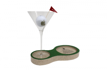 Sandstone textured Lucite golfcourse with green felt affixed to top, clear plexiglass martini glass & actual golfball in left sandtrap