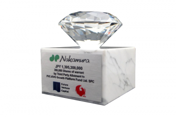 Clear crystal diamond mounted on a white marble base