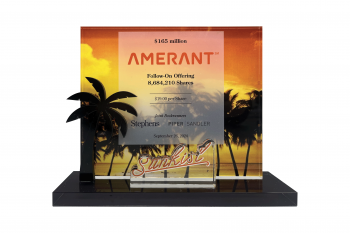 Stephens_Amerant_LED light base_Clear crystal panel_image printed + white on back_TS printed on front with a frosted effect_Cut black crystal palm tree_Cut clear crystal in front_text printed on back