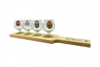 Customized serving board with recesses for goblets, TS color filled etched on the handle