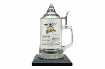 Art printed on an actual clear crystal beer stein on a black wooden base.